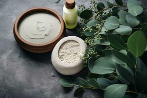 Herbal cosmetic products with eucalyptus branches and leaves, Spa concept with eucalyptus oil and eucalyptus leaf extract natural organic spa cosmetics products, AI Generated photo