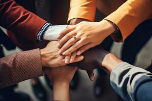 Close up of business people stacking hands together. Teamwork concept, Startup Business People Teamwork Cooperation Hands Together, closeup, top section cropped, AI Generated photo