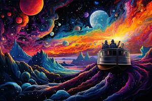 fantasía paisaje con Embarcacion y planetas en espacio. 3d ilustración, estelar Odisea un psicodélico viaje mediante espacio, ai generado foto