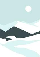 Mountains winter landscape with white peaks illustration. Hiking village vector