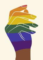 Hand and rainbow lgbt flag celebrating pride month illustration. vector