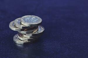 small stack of British one pound coins with copy space photo