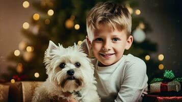 ai generativo, joven chico con un perro en frente de un Navidad árbol foto