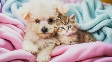 ai generative, poodle and kitten on soft blanket photo