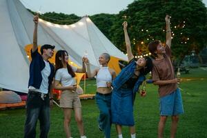 Image of group of friends celebrating and drinking beer together photo