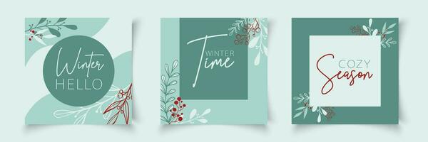 Set of christmas cards templates with branch elements in line art style. Botanical banner xmas frame. Editable vector for sale, card, social media, banner, poster, flyer, web, slide, presentatio