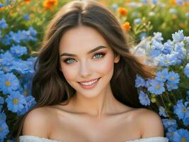 ai generativo retrato de maravilloso sensual atractivo morena caucásico hembra modelo sonriente en flor campo, Moda y belleza concepto, personas antecedentes foto