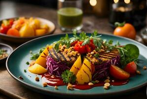 Ai generative Food photography, colourful vegan dish perfectly arranged and served at vegan restaurant, photo