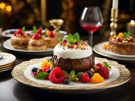 Ai generative food photography, fresh fruit dessert, cheese cake decorated with fruit and berries served on plate in restaurant photo