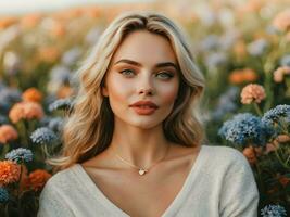 ai generativo retrato de maravilloso sensual atractivo morena caucásico hembra modelo sonriente en flor campo, Moda y belleza concepto, personas antecedentes foto