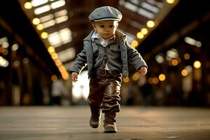 pequeño chico aprendizaje a caminar. linda pequeño chico, caminando y jugando vistiendo un vaquero traje. generativo ai foto
