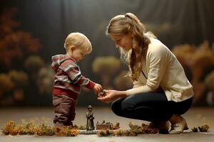 Little boy learning to walk. Cute little boy playing and being held by his mother. Mother and child are happy. Generative AI photo