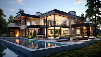 Front view of modern house with swimming pool. Contemporary house with open concept view. Modern home exterior design. Generative AI photo