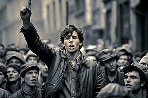 antiguo estilo foto de un hombre dando un habla durante un demostración. joven hombre Hablando en público. negro y blanco foto. generativo ai