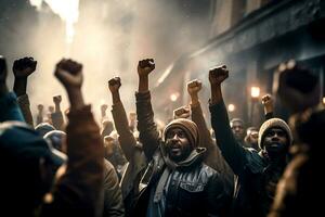 grupo de personas apretar su puños y aumento su manos. retrato de demostración, activista protestando generativo ai foto