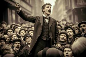 antiguo estilo foto de un hombre dando un habla durante un demostración. joven hombre Hablando en público. negro y blanco foto. generativo ai