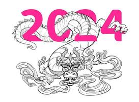 2024 dragon calendar. Line art of black Asian dragon isolated on white background. Chinese new year 2024. Tattoo and T-shirt design. Vector illustration.