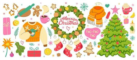 Big Christmas set of festive cozy elements. Xmas ornament, gifts, candles and gingerbread bundle. Colored flat vector illustrations isolated on white background. Lettering. Scrapbook collection.