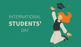 International Students Day. Joyful girl in a jump. November 17. Holiday concept. Template for background, banner, card, poster with text inscription. Vector flat illustration.