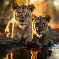 A shot of Lion couple at sunrise in Kruger National Park, South Africa Specie Panthera leo family of Felidae. Generative AI photo