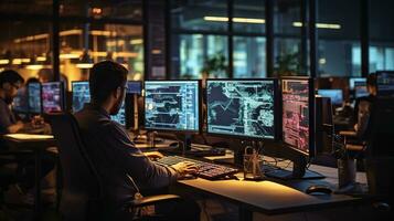 Business people using computers in modern office at night working time Generative AI photo