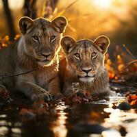 A shot of Lion cubs at sunset in Kruger National Park, South Africa Specie Panthera leo family of Felidae Generative AI photo