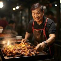 Smiling Asian man selling fried chicken in a street food market. Generative AI photo