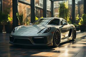 un plata Porsche Deportes coche estacionado en un grande habitación generativo ai foto