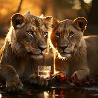 león Pareja a amanecer en kruger nacional parque, sur África metálico panthera León familia de felidae. generativo ai foto