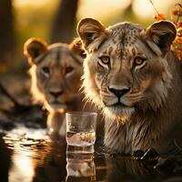 Lion cubs at sunset in Kruger National Park, South Africa Specie Panthera leo family of Felidae. Generative AI photo