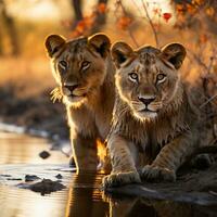 A shot of Lion cubs at sunset in Kruger National Park, South Africa Specie Panthera leo family of Felidae. Generative AI photo