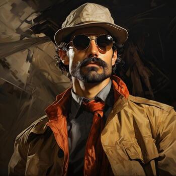 Portrait of a handsome man with a long beard and mustache in yellow suit and sunglasses. Generative AI photo