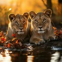 Lion couple at sunrise in Kruger National Park, South Africa Specie Panthera leo family of Felidae Generative AI photo