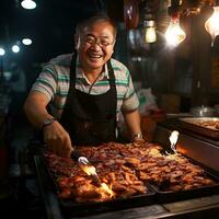 sonriente asiático hombre de venta frito pollo en un calle comida mercado generativo ai foto