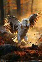 Sunset White tailed Eagle, eagle flying on river and ready to fish hunting Generative AI photo