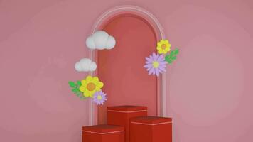 3d roze achtergrond voorjaar uitverkoop minimalistische rood bord met bloemen en podium, geschikt voor Product Promotie sociaal media kader, 3d illustratie animatie lus. video