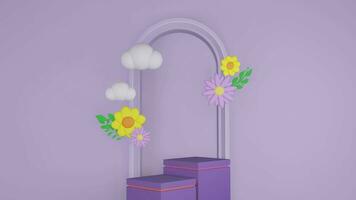 3d violet Contexte printemps vente minimaliste violet planche avec floral et podium, adapté pour produit promotion social médias cadre, 3d illustration animation boucle. video