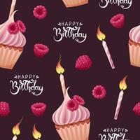 Seamless pattern with cupcake decorated with cream, raspberries and a festive candle. Birthday muffin background. Festive texture for wrapping paper, cards, fabric, wallpaper. vector