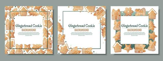 Set of Christmas background with gingerbread house, gift, snowflake, fir tree. Greeting card with cookies in glaze. Flyer, banner poster for invitation vector