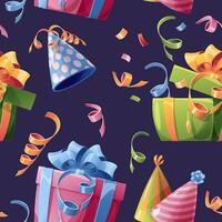 Seamless pattern with gift box, confetti, party hat. Background with festive items for birthday. Festive texture for wrapping paper, cards, fabric, wallpaper. vector