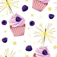 Seamless pattern with cupcake decorated with cream, blackberries and sparklers. Birthday muffin background. Festive texture for wrapping paper, cards, fabric, wallpaper. vector