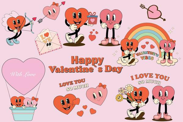 Set groovy lovely hearts stickers. Love concept. Happy Valentines day. Funky happy heart character in trendy retro 60s 70s cartoon style. Vector illustration.