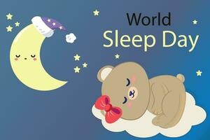 World sleep day with cute month and bear characters. Holiday concept. Template for background, banner, card, poster with text inscription. vector