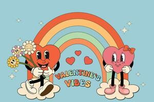 maravilloso hippie amor modelo póster. retro contento san valentin día. cómic contento corazón personaje en de moda retro 60s 70s dibujos animados estilo. retro dibujos animados caracteres y elementos vector