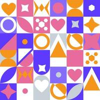 Seamless pattern with abstract geometric shapes on a background of multicolored squares. Vector graphics.