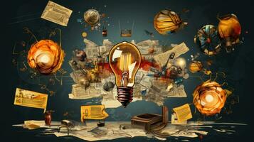 Conceptual image with lightbulb and business sketches on background. photo