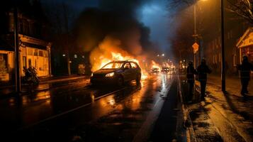 Burning car on the street at night in Brno, Czech Republic. Disorders, protests in Europe. Smoke and flames all around. Dispersal of demonstrations, patrolling during riots. Clashes on streets. photo