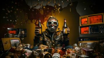 Post apocalypse man in a gas mask with a bottles of beer in junk mess. photo