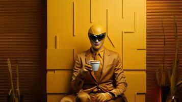 Moda Disparo de un futurista hombre en un amarillo traje y Gafas de sol con un taza de café. foto