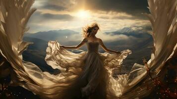 ilustración de un hermosa mujer en un blanco Boda vestir me gusta ángel alas en el antecedentes de el montañas. foto